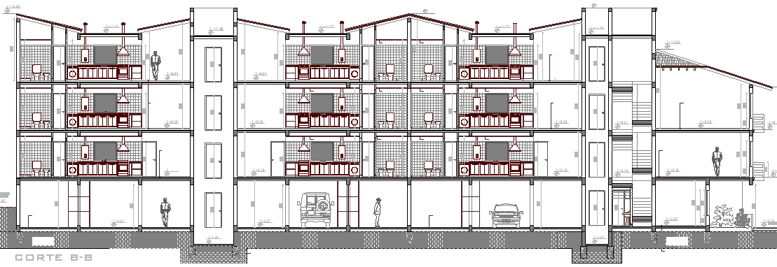 Full sectional view of multi-flooring residential building dwg file