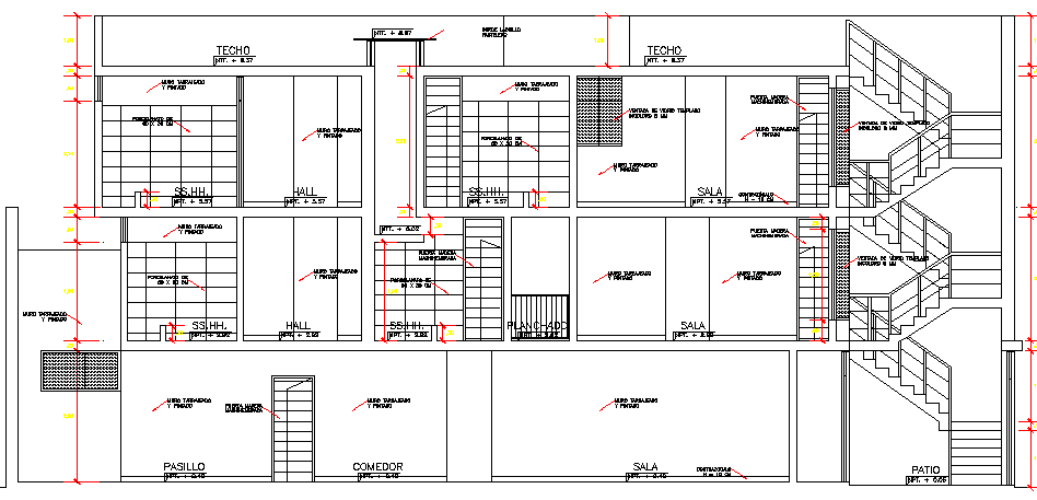 Full sectional view of three flooring bungalow details dwg file