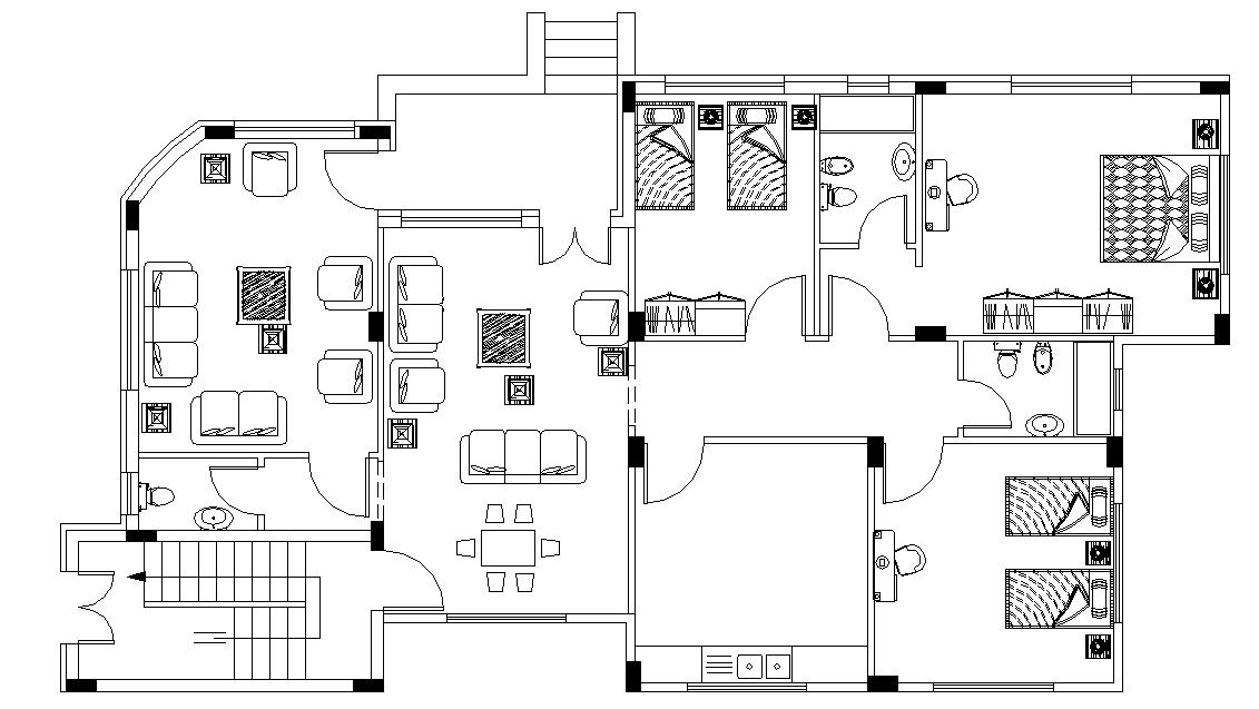 Fully Furnished Bungalow Plan With Column Marking CAD Drawing