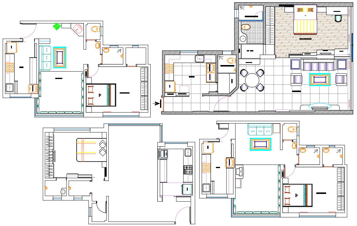 Furnished 1 BHK Residential House Plan CAD Drawing Download