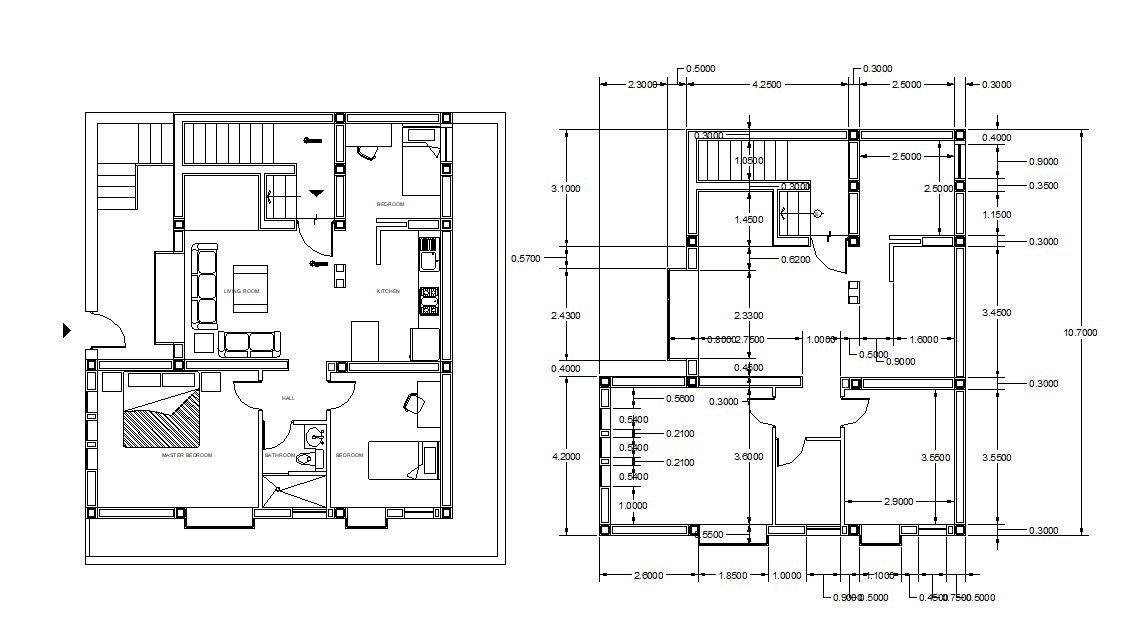 Furnished 3d BHK House Working Plan AutoCAD drawing