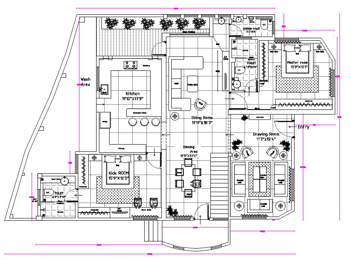 Furnished Bungalow Layout Plan CAD File