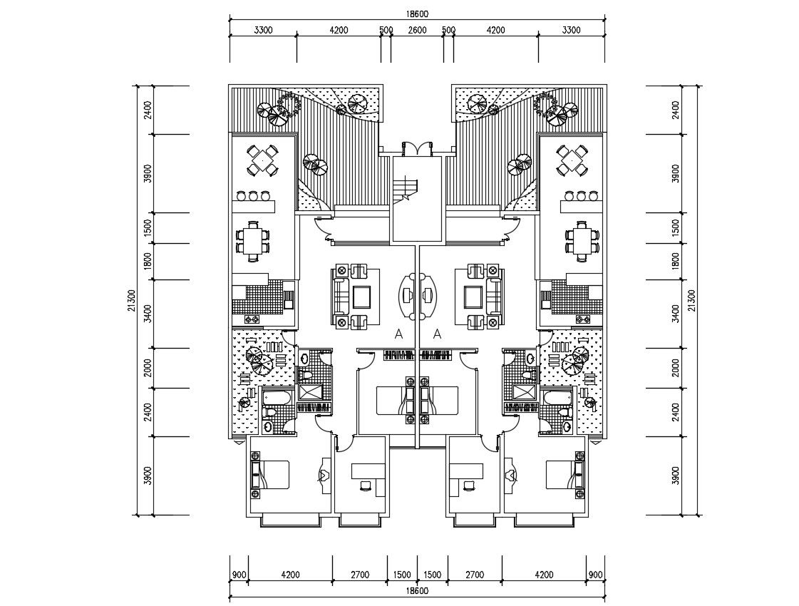 Furnished Twin House Layout Plan DWG File