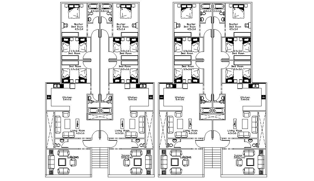 Furnished 3 BHK Residential Apartment Layout Plan
