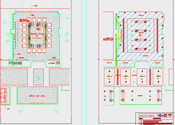 Furniture and ceiling layout for meeting rooms
