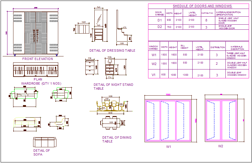 Furniture plan,detail and schedule of door and window for 3 b h k flat dwg file