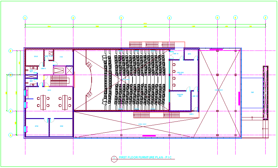 Furniture plan of first floor auditorium dwg file