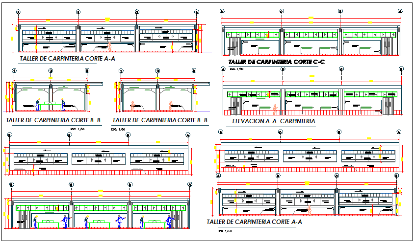 Furniture view with elevation and section view of workshop dwg file