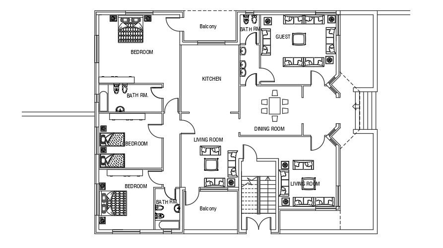 Furniture Layout Of 25x27 meter 3 BHK House AutoCAD File