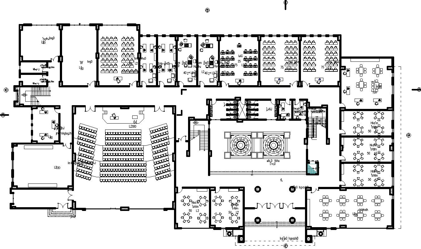 Furniture layout of a ground floor of a Educational Institute.