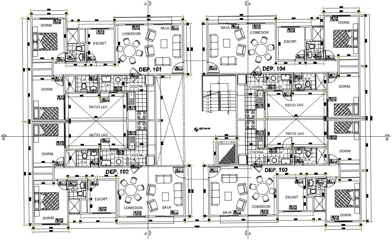 Furniture’s detail of 24x16m apartment plan is given in this Autocad drawing file.Download now.