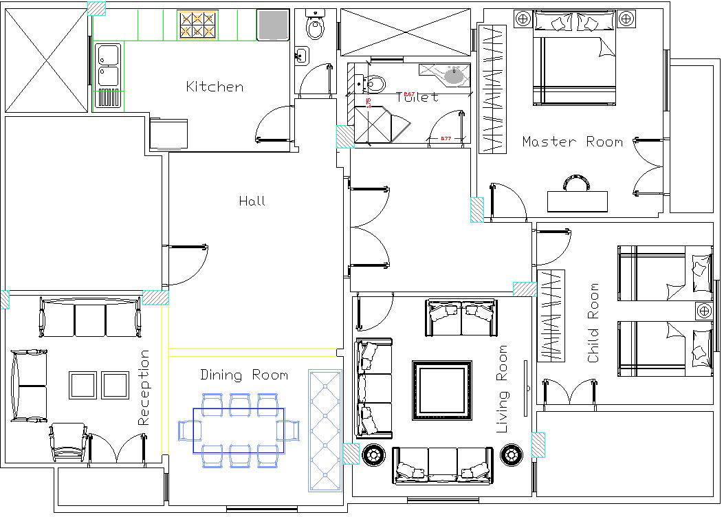 15x11m House Layout Plan with Furniture in DWG file