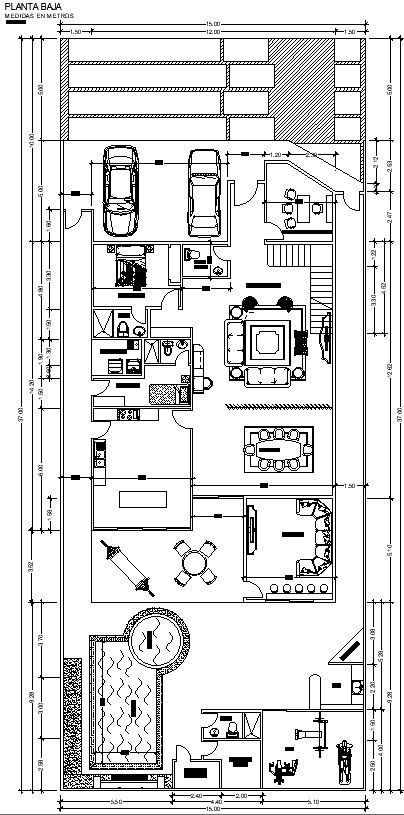 15x37m Villa Plan with Furniture Layout in 2D CAD Drawing