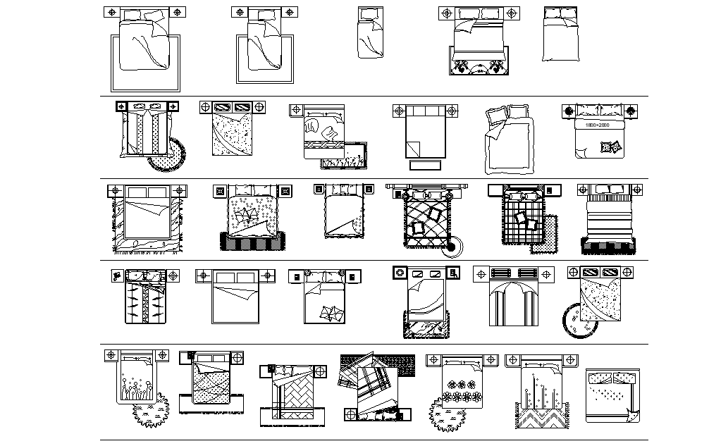 Complete DWG file of bed furniture layout for single and double beds