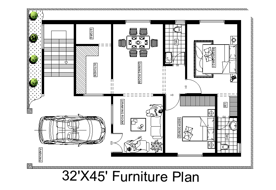 Furniture’s plan of 32’x45’ East facing house plan is given as per vastu shastra in this Autocad drawing file.