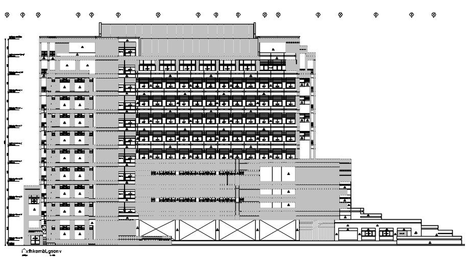 G+10 office building side elevation and typical section details are given in this AutoCAD DWG drawing. Download the AutoCAD 2D DWG file.
