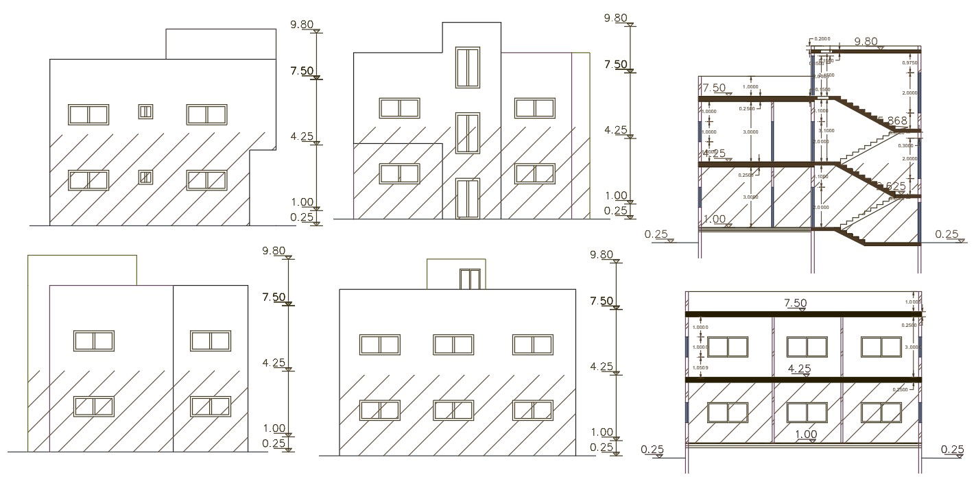 G + 1 House Building Sectional Elevation Design DWG File