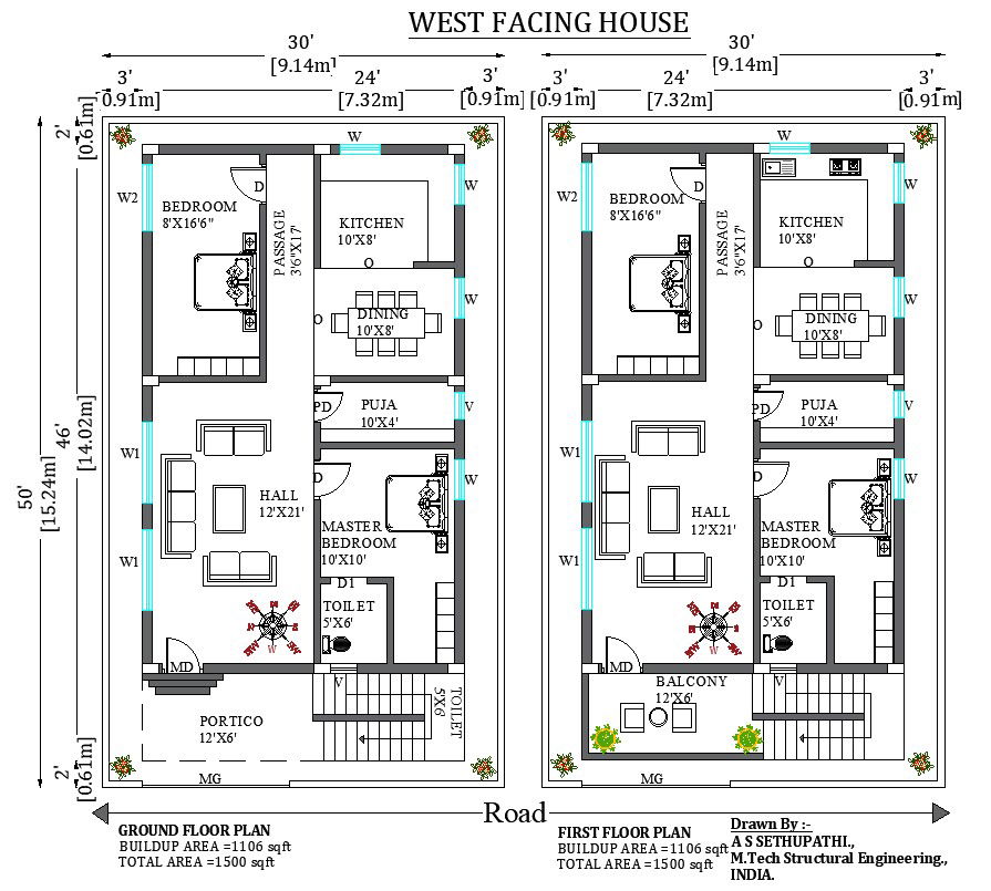G plus 1 West Facing 30x50 Sqft House Plan DWG PDF File Layout