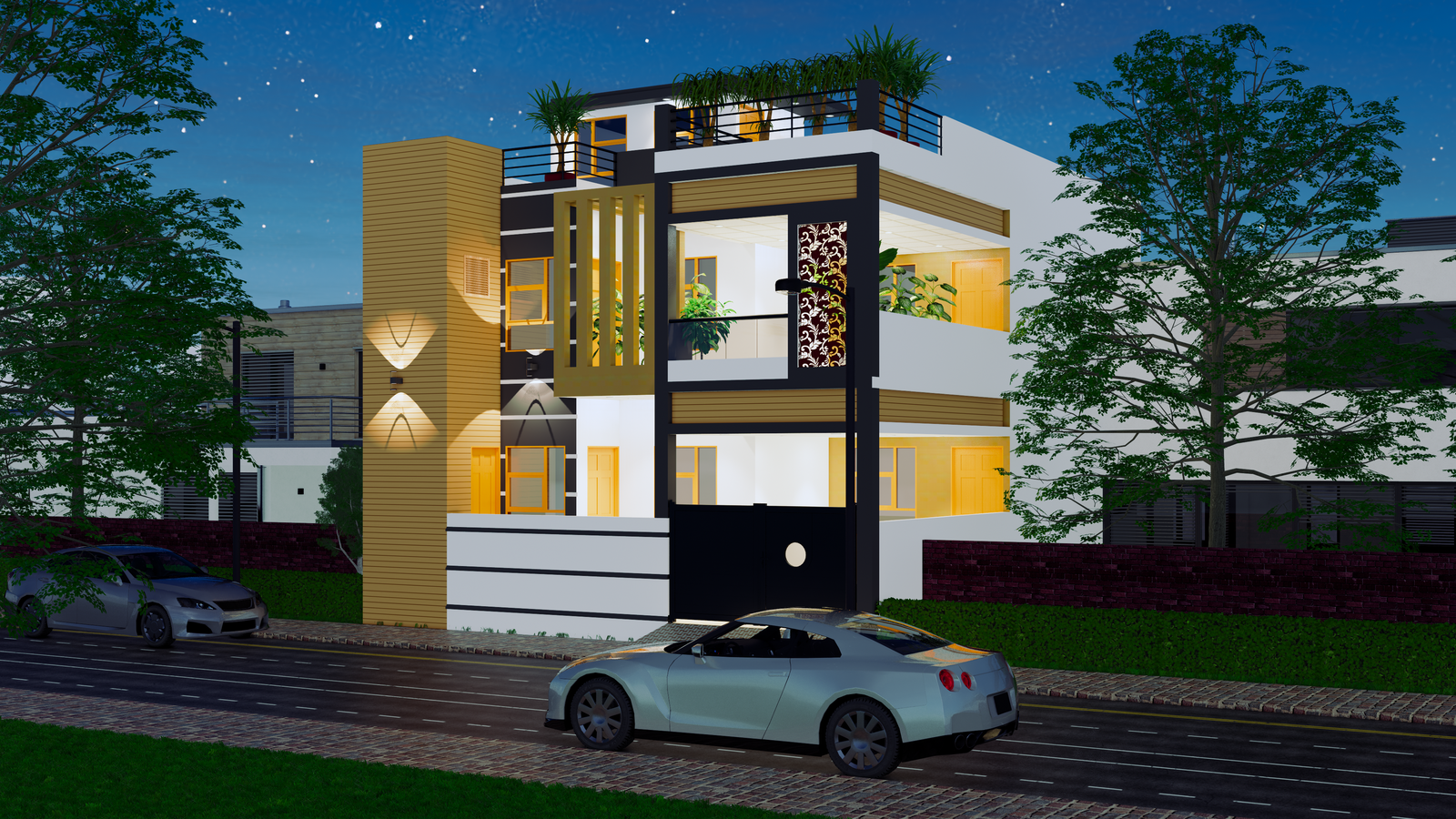 G+1 house elevation design with penthouse Revit drawing file is given here. Download this drawing Revit file for free.