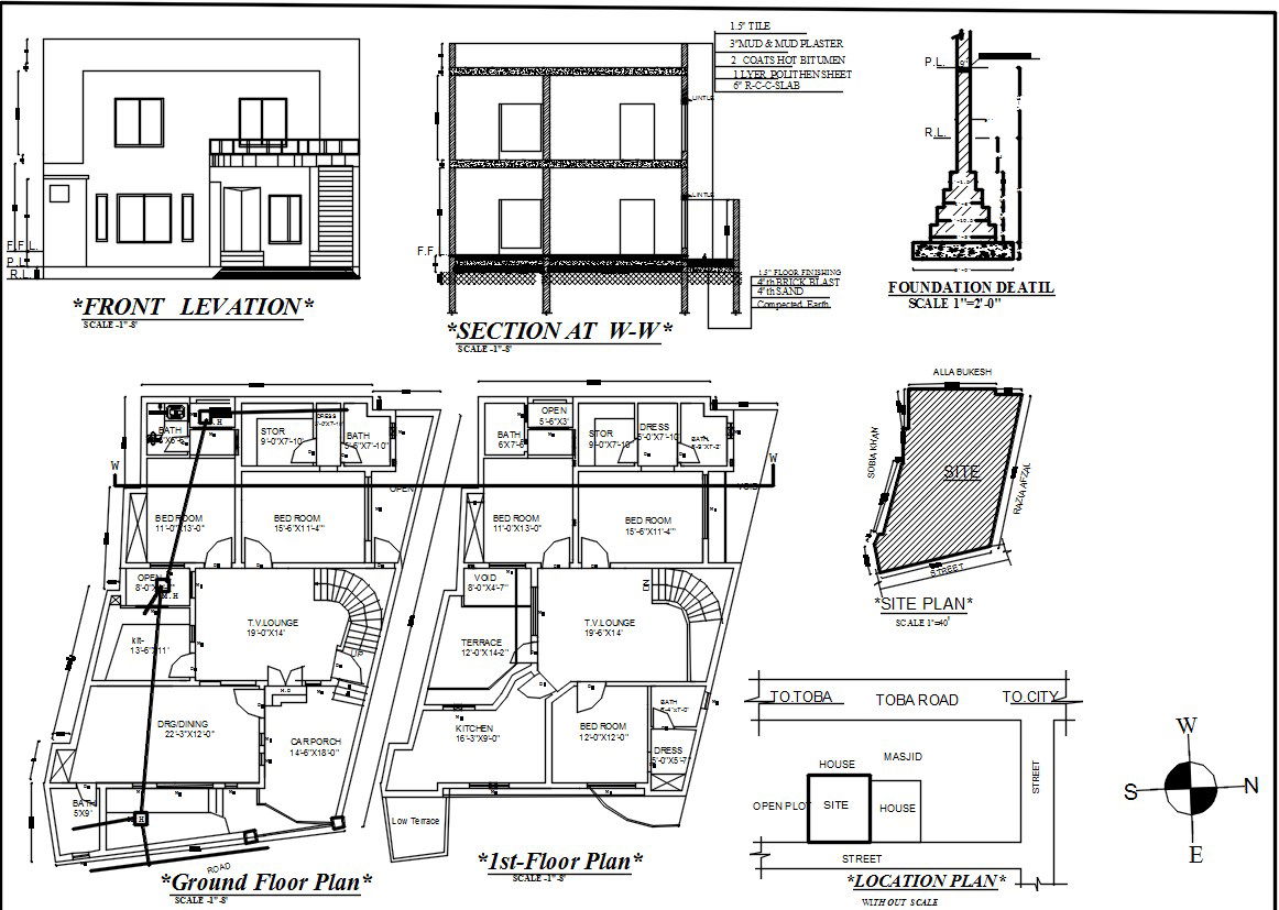G plus one story house plan in AutoCAD 2D drawing file