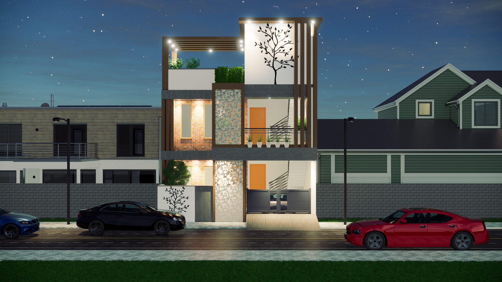 G+2 3D Home Elevation Architecture with CAD Blocks