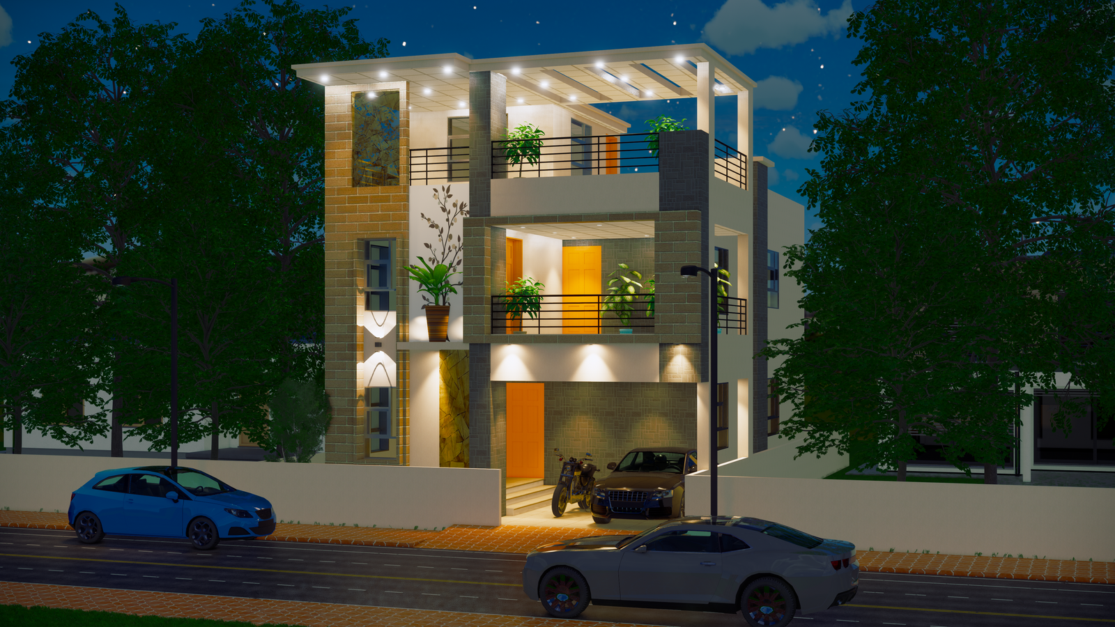 G+2 3d home design elevation Revit drawing file is given here. Download now.