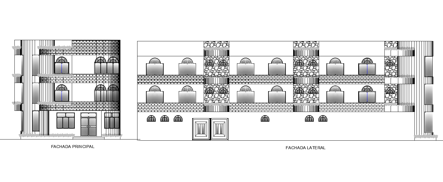 G+2 Hotel Building Front And Side Elevation Design DWG File