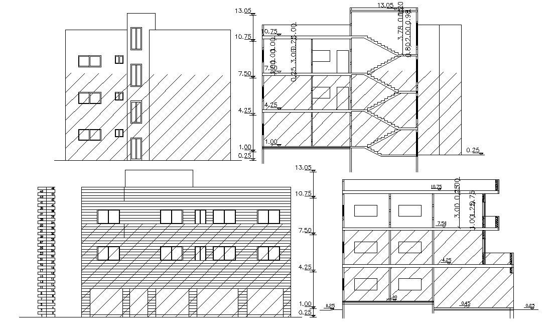 G+2 Living Apartment Elevation and Section Drawing
