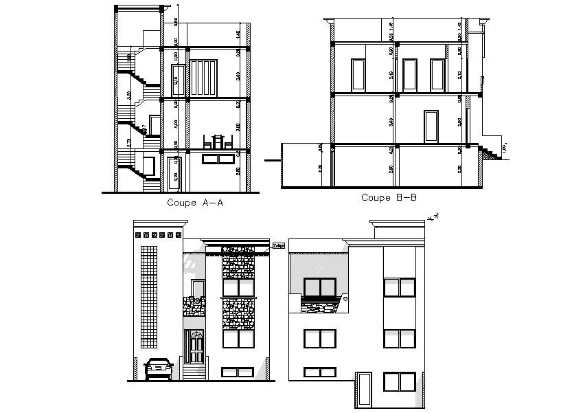 G+2 Storey House Building Sectional Elevation Drawing Download DWG File