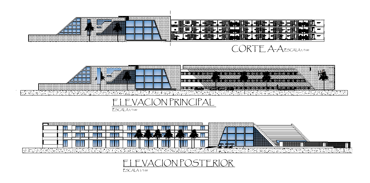 G+2 building elevation view is given in this Autocad drawing file. Download now.