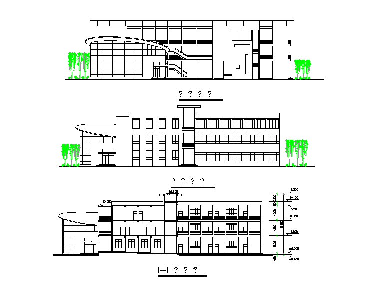 G+2 office building elevation views are given in this Autocad drawing file. Download now.