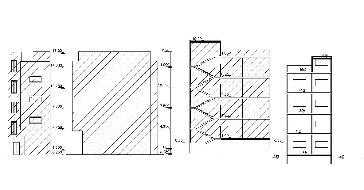 G+3 Apartment Section and Elevation 2d CAD Drawing