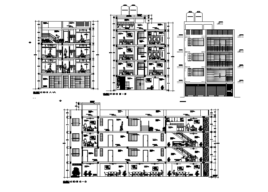 G+3 Storey Hotel Building Section And Front Elevation Design DWG File