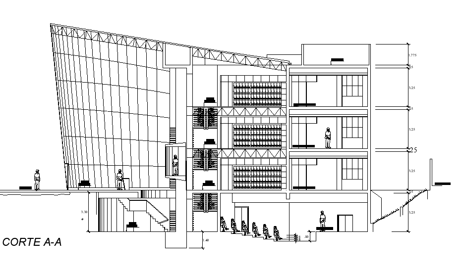 G+3 laboratory building section view is given in this Autocad file. Download now.