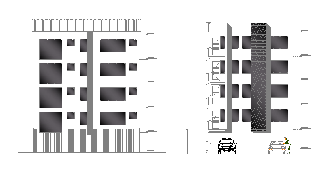 G+4 Storey Apartment Building Front And Side Elevation Design DWG File