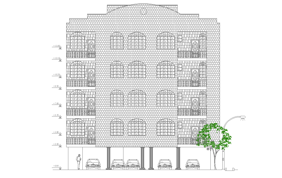 G+4 Storey Apartment Building Front Elevation Design Download Free DWG File