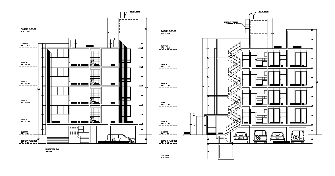 G+4 Storey Apartment Building Section Drawing Download DWG File