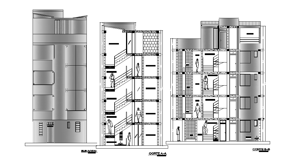 G+4 apartment section view is given in this Autocad drawing file. Download now.