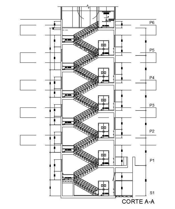 G+5 apartment building staircase section view is given in this Autocad drawing file. Download the Autocad model.