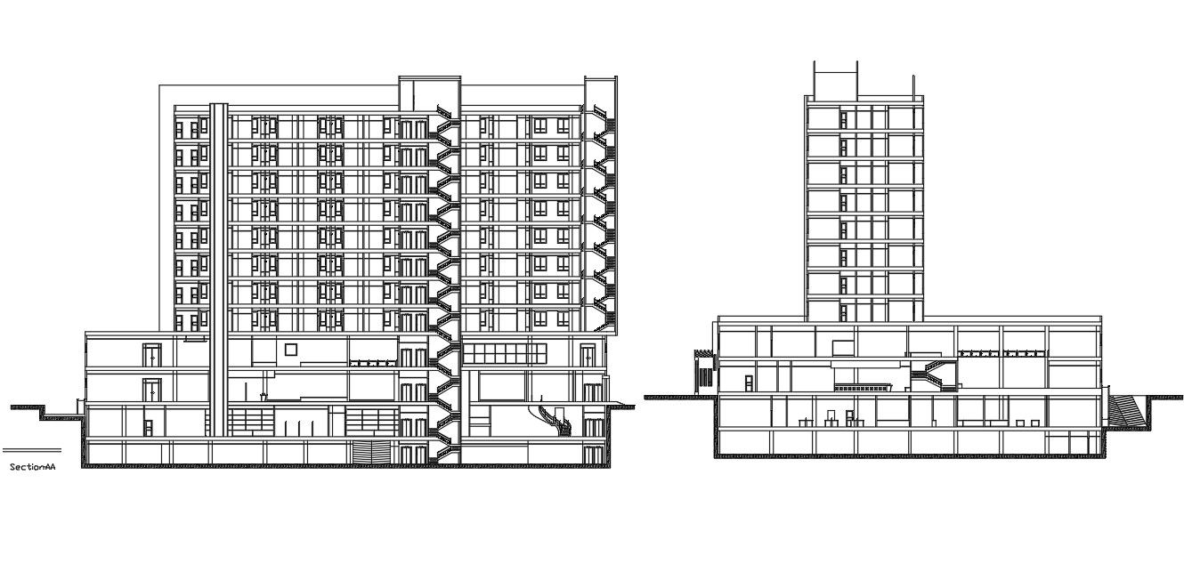 G+11 Hotel building front elevation details are given in this AutoCAD DWG 2D drawing.Download the AutoCAD DWG file.