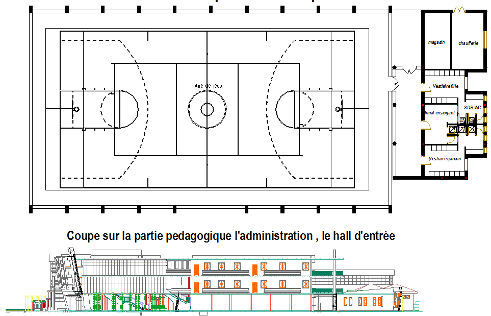 Game zone plan and elevation detail dwg file