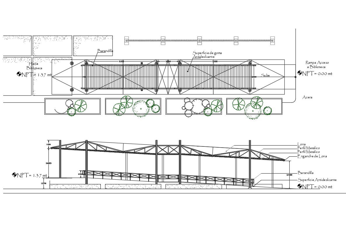 Gang-plank ramp elevation, section and constructive structure details dwg file