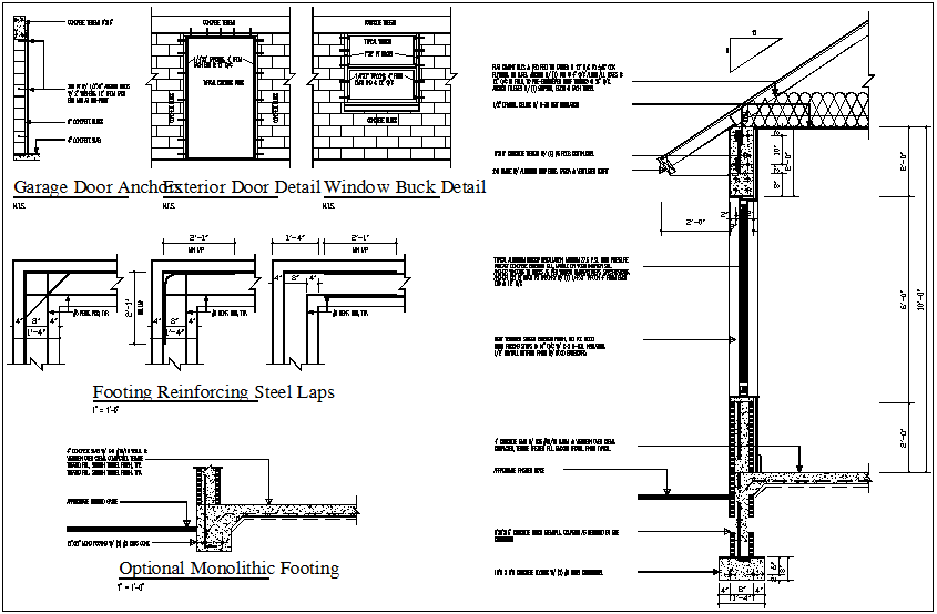 Garage door and window buck detail view with footing view dwg file