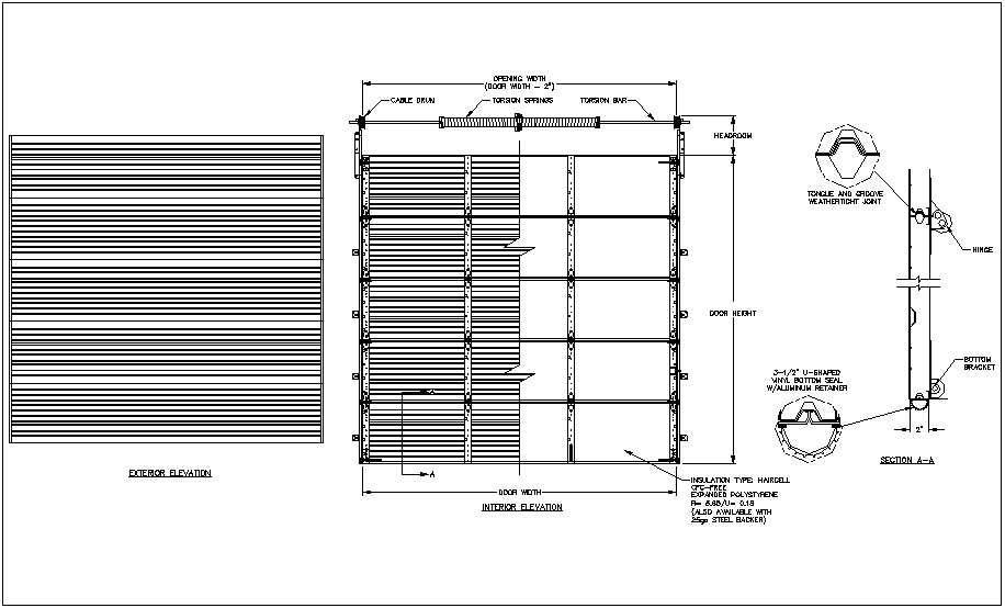 Garage door design with exterior and interior view dwg file