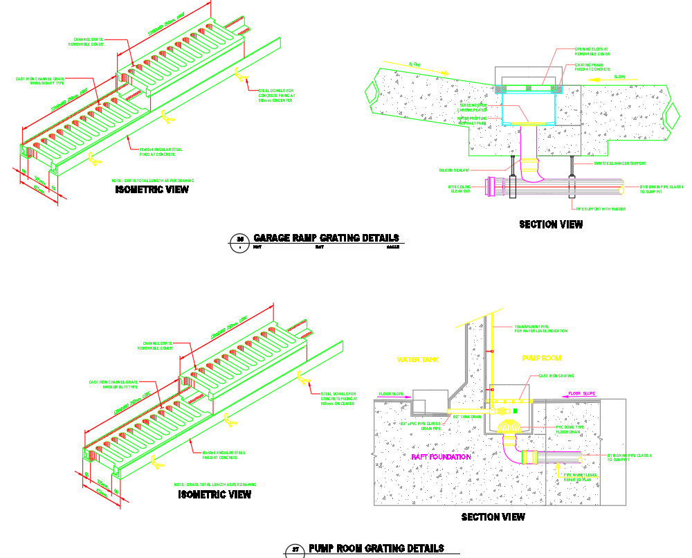 Garage Ramp and Pump Room Grating Layout in CAD DWG File