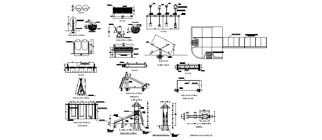 Garden children play equipment and slides and furniture details dwg file