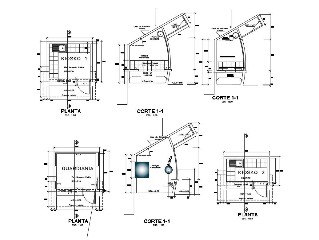 Garden kiosko section, plan and automation details dwg file