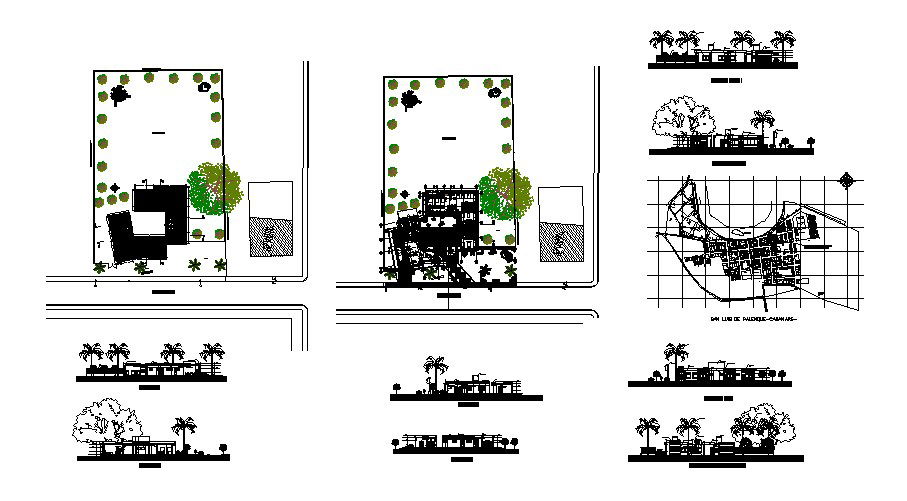Garden main gate elevation and landscaping structure details dwg file