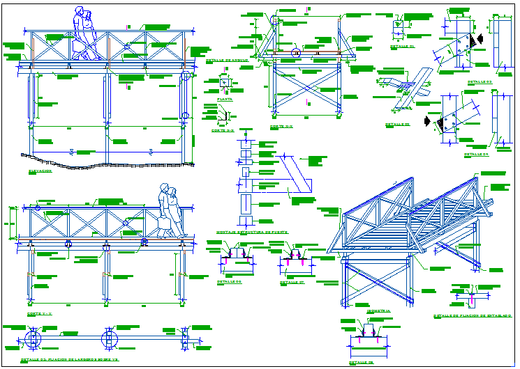 Garden walking bridge structure detail view dwg file