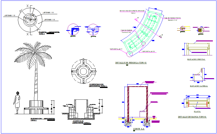 Gardening,river banking and pergola block detail view dwg file